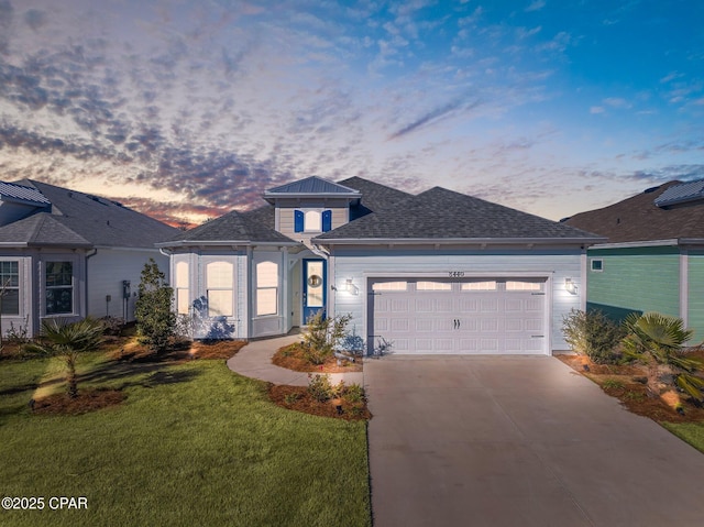 view of front of house featuring a garage and a lawn