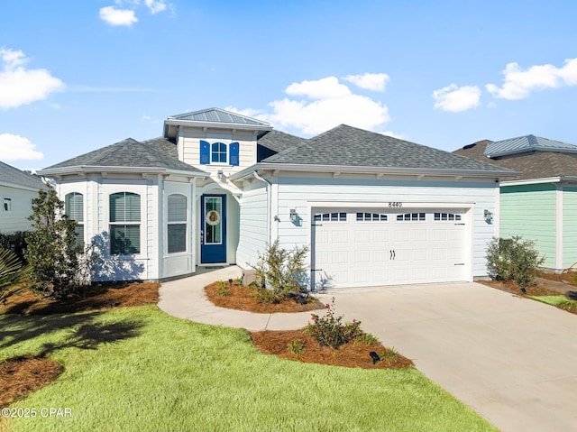 prairie-style house with an attached garage, a front yard, concrete driveway, and roof with shingles