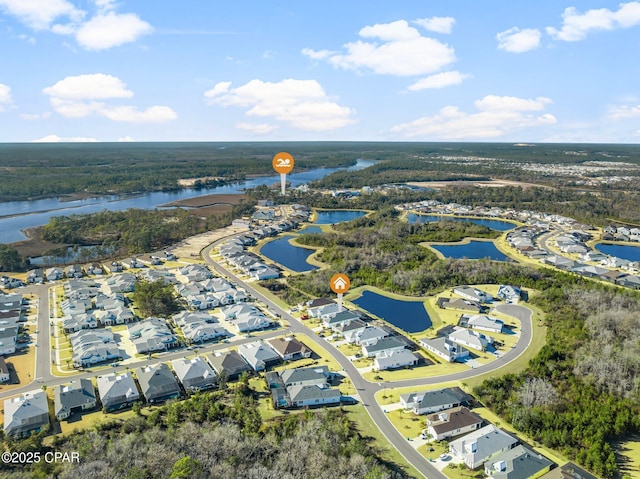 drone / aerial view featuring a water view