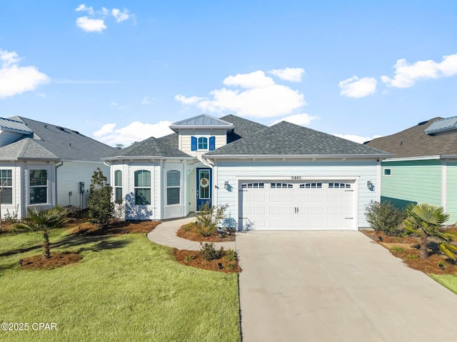 view of front of house with a shingled roof, a front lawn, driveway, and a garage