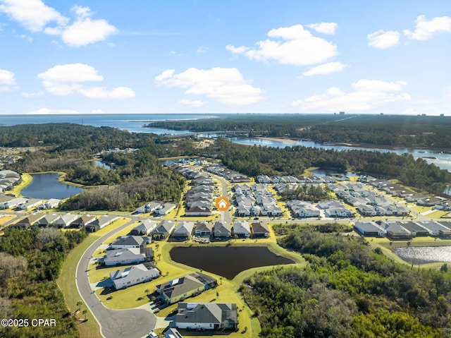 aerial view featuring a residential view and a water view