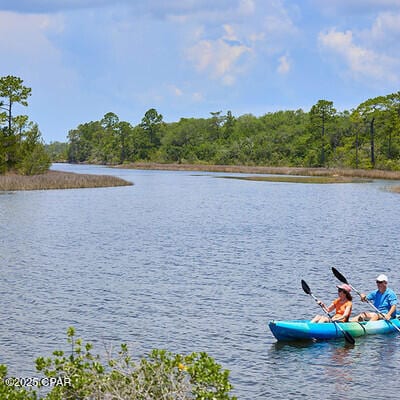 property view of water featuring a wooded view