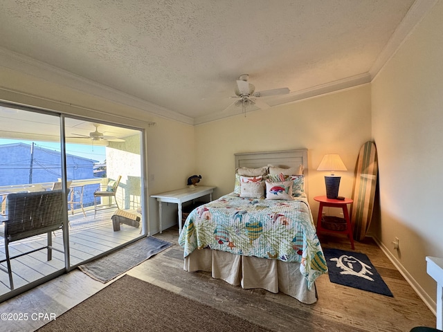 bedroom with crown molding, ceiling fan, access to exterior, and a textured ceiling