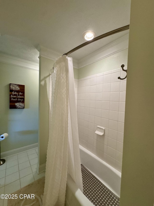 bathroom with tile patterned flooring, crown molding, and shower / bath combination with curtain