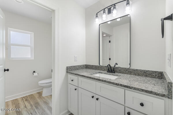 bathroom with hardwood / wood-style flooring, vanity, and toilet