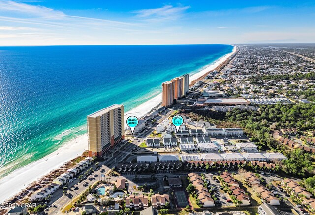 aerial view with a view of the beach and a water view