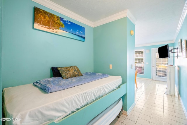 bedroom with light tile patterned floors, crown molding, and a textured ceiling