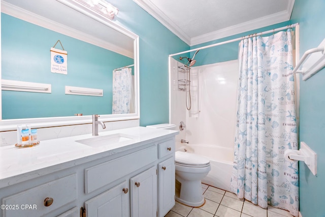 full bathroom with toilet, vanity, tile patterned flooring, crown molding, and shower / tub combo with curtain