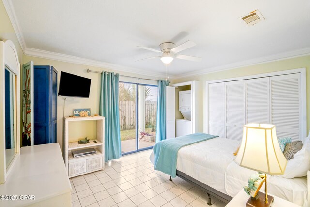 bedroom featuring light tile patterned floors, ceiling fan, access to outside, a closet, and ornamental molding