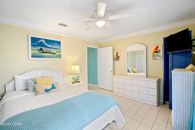 bedroom with ceiling fan, light tile patterned flooring, and crown molding