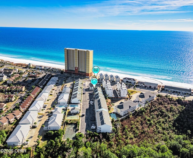 aerial view with a beach view and a water view