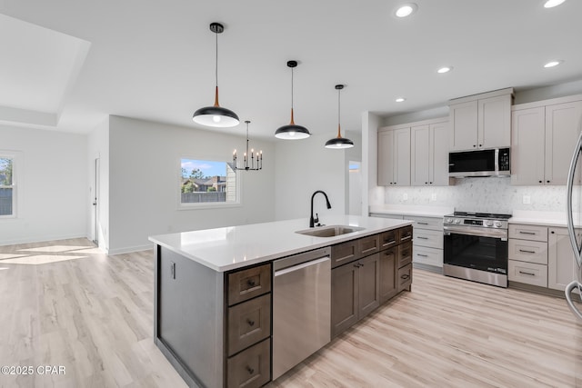 kitchen featuring pendant lighting, stainless steel appliances, tasteful backsplash, sink, and light wood-type flooring