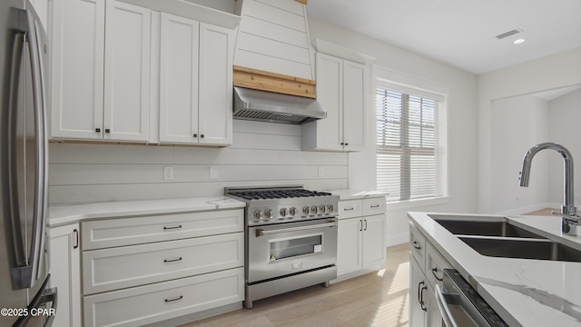 3511 Cottage Cove Ln, Panama City, FL 32408 - kitchen featuring appliances with stainless steel finishes, a sink, ventilation hood, light wood finished floors, and white cabinets