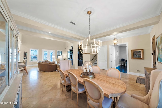 dining space featuring stairs, crown molding, and french doors