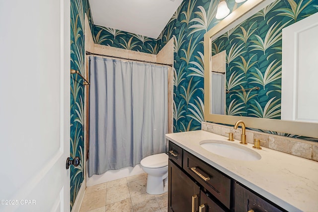 bathroom with shower / tub combo, vanity, toilet, and wallpapered walls