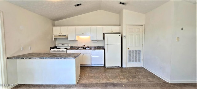 kitchen featuring white cabinets, white appliances, visible vents, and under cabinet range hood