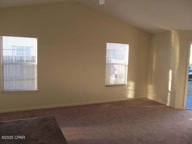 spare room featuring carpet, a healthy amount of sunlight, and vaulted ceiling