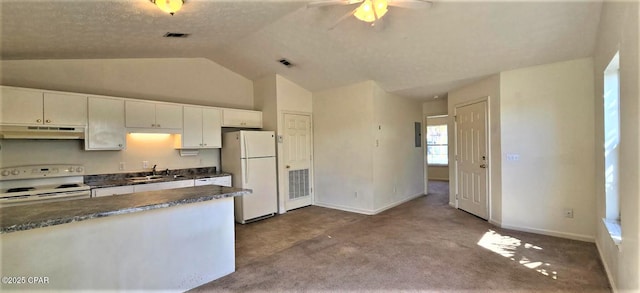 kitchen with white appliances, visible vents, vaulted ceiling, under cabinet range hood, and a sink