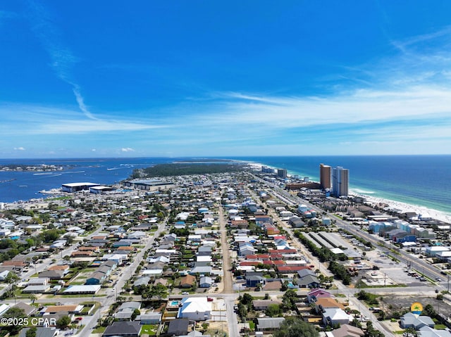 aerial view featuring a view of the beach and a water view