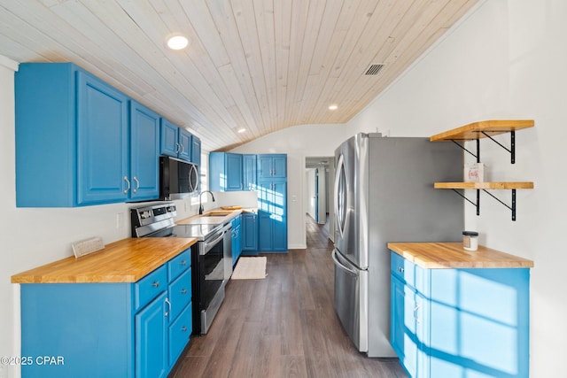 kitchen with wood ceiling, stainless steel appliances, sink, butcher block countertops, and blue cabinets