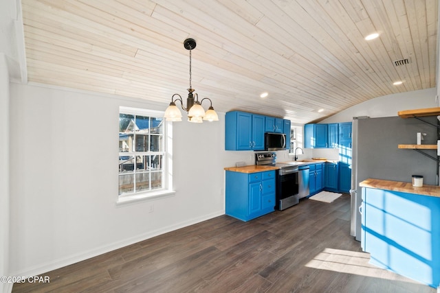 kitchen with hanging light fixtures, wood ceiling, blue cabinetry, stainless steel appliances, and wood counters