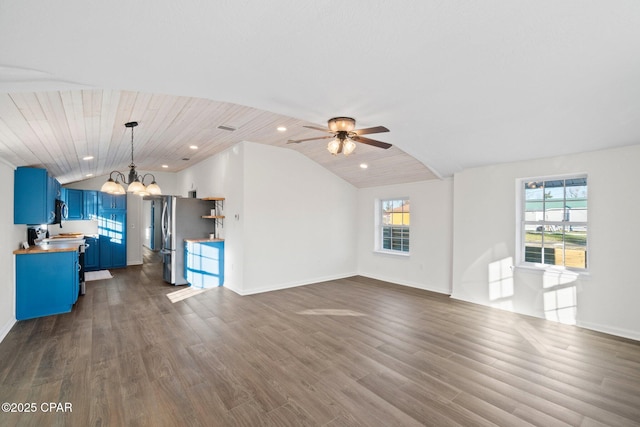 unfurnished living room with lofted ceiling, dark wood-type flooring, wood ceiling, and ceiling fan with notable chandelier