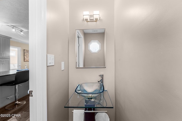 bathroom featuring a textured ceiling, hardwood / wood-style flooring, and sink