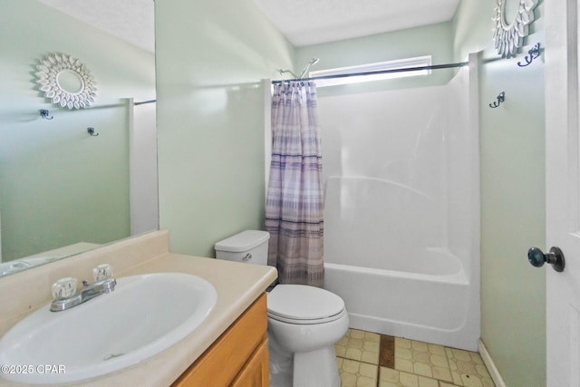 full bathroom with vanity, toilet, and shower / bathtub combination with curtain