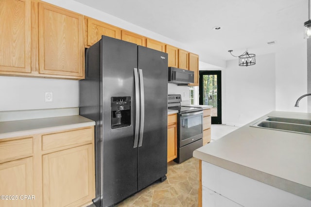 kitchen featuring pendant lighting, sink, an inviting chandelier, stainless steel appliances, and light brown cabinets