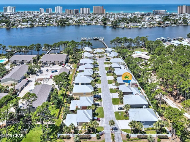 drone / aerial view featuring a water view