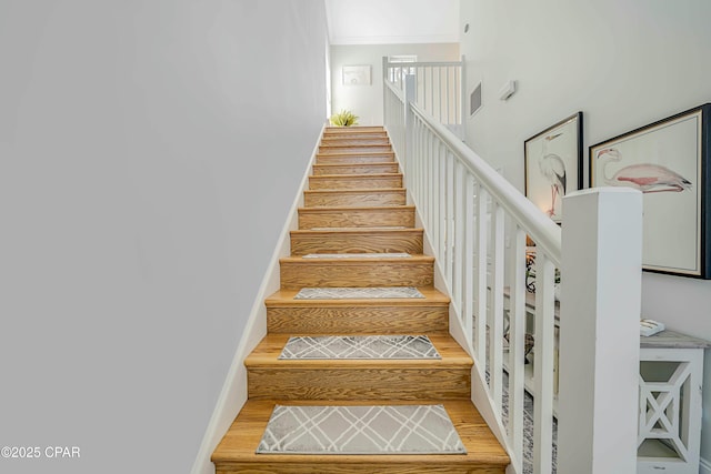 stairway with wood-type flooring