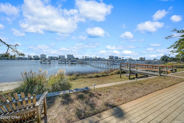 property view of water with a dock