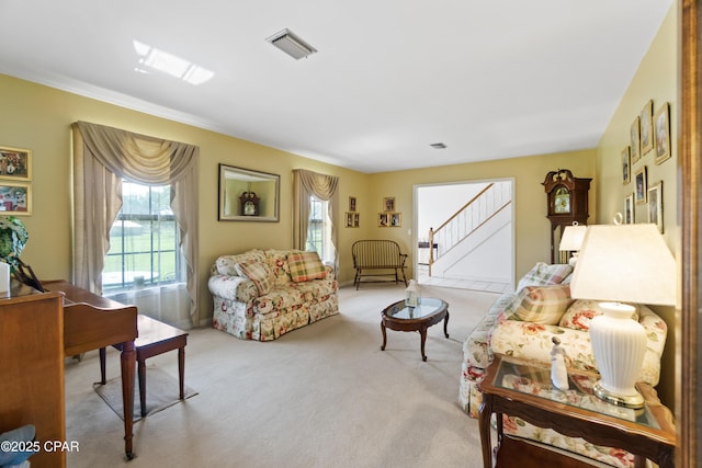 living room with light colored carpet