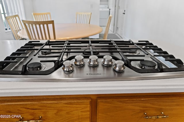 details featuring stainless steel gas stovetop and washer / dryer