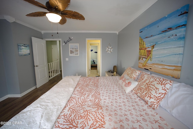 bedroom featuring ceiling fan, dark hardwood / wood-style flooring, and crown molding