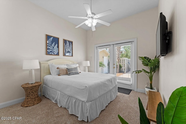 bedroom featuring light carpet, access to exterior, french doors, and ceiling fan