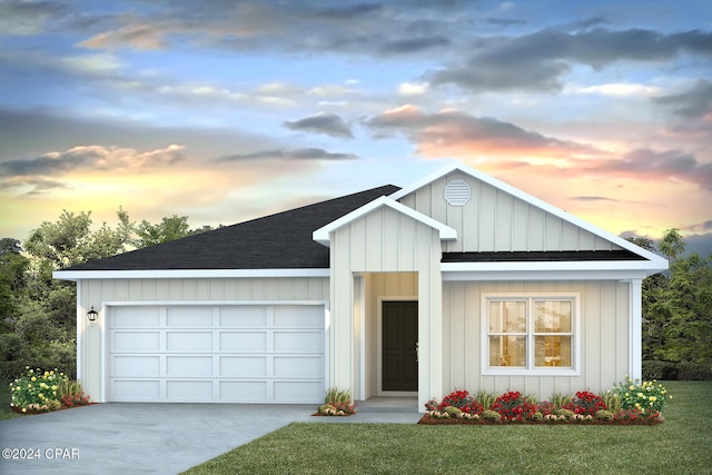 view of front of house with a garage, a shingled roof, board and batten siding, and concrete driveway