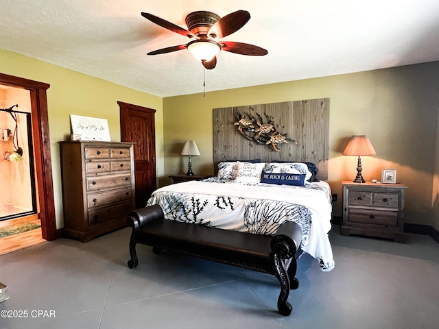 bedroom featuring a ceiling fan and finished concrete floors