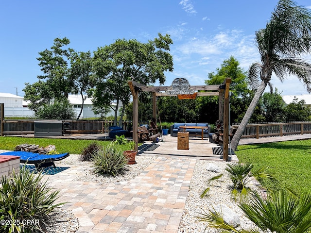 view of patio featuring an outdoor hangout area, fence private yard, and a pergola