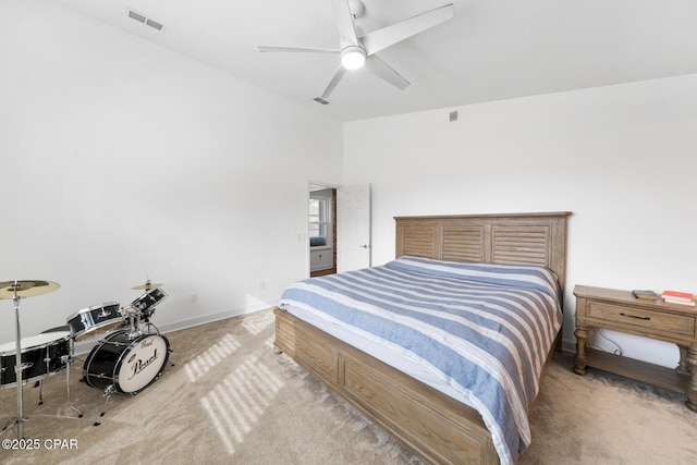 carpeted bedroom featuring ceiling fan