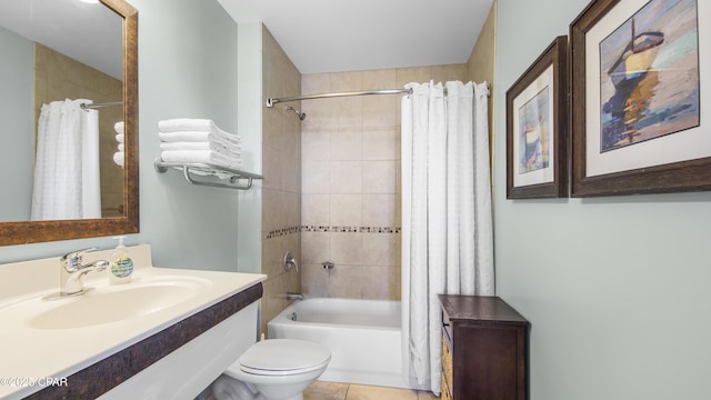 full bathroom with toilet, vanity, tile patterned flooring, and shower / bathtub combination with curtain