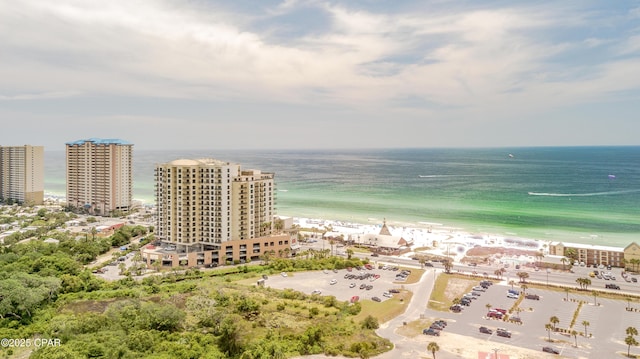 bird's eye view with a beach view and a water view