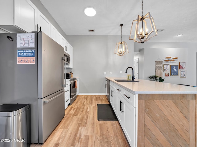 kitchen with hanging light fixtures, white cabinetry, stainless steel appliances, and a sink