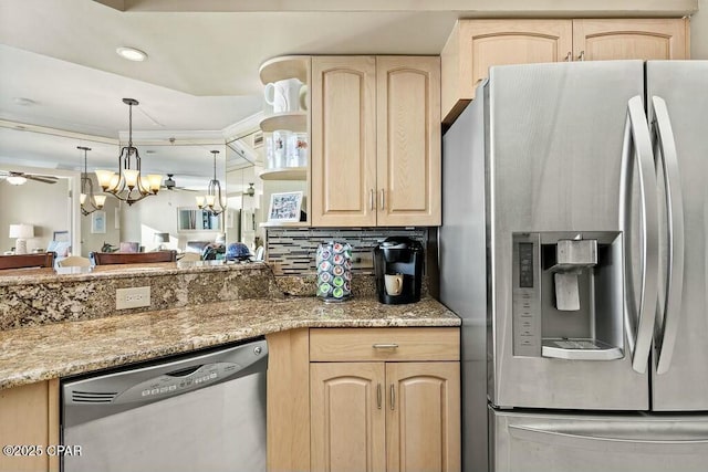 kitchen with light brown cabinets, a ceiling fan, stainless steel appliances, and backsplash