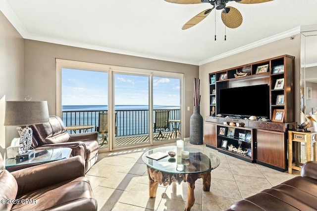 living room featuring a ceiling fan, tile patterned flooring, and crown molding