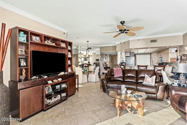 living area with visible vents, crown molding, and ceiling fan with notable chandelier