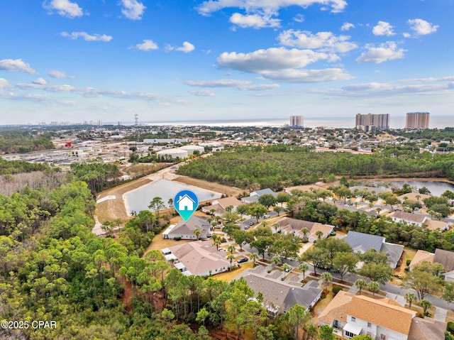 bird's eye view with a water view