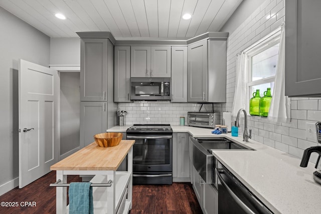 kitchen featuring range with electric cooktop, wood counters, gray cabinets, and dark hardwood / wood-style floors