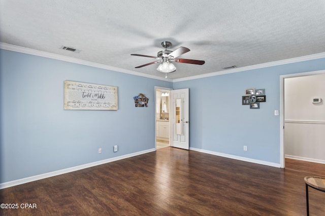 unfurnished room with ceiling fan, dark hardwood / wood-style floors, crown molding, and a textured ceiling