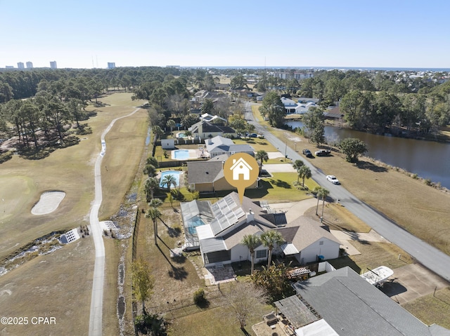 drone / aerial view featuring a water view